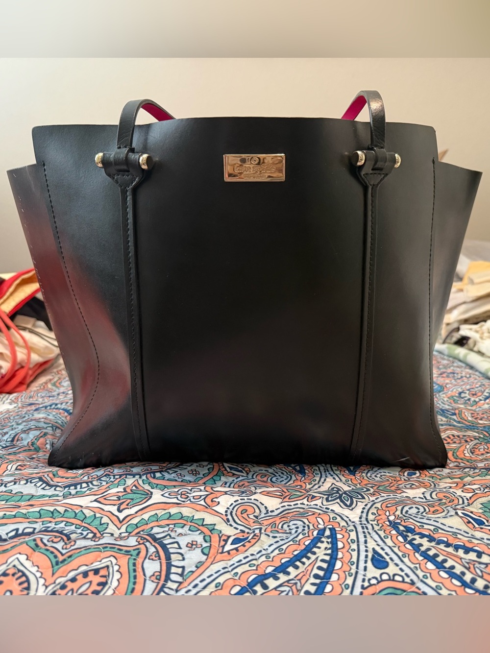 kate spade Black Leather Tote with Gold Plaque and Pink Strap Accents